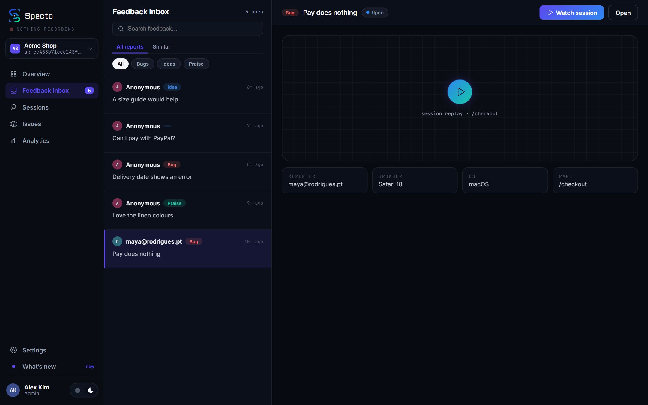 Specto: feedback with the replay attached